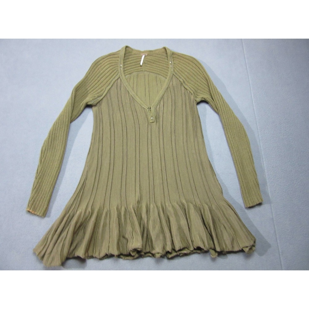 Free People Sweater Womens Small Green Ribbed Knit Ruffle Hem Tunic Deep V-Neck